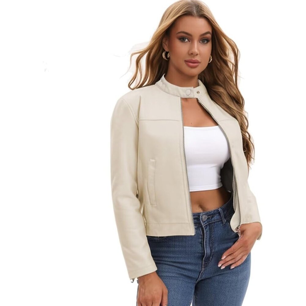 Women's Faux Leather Motorcycle Jacket Zip-Up Biker Coat Casual Trendy